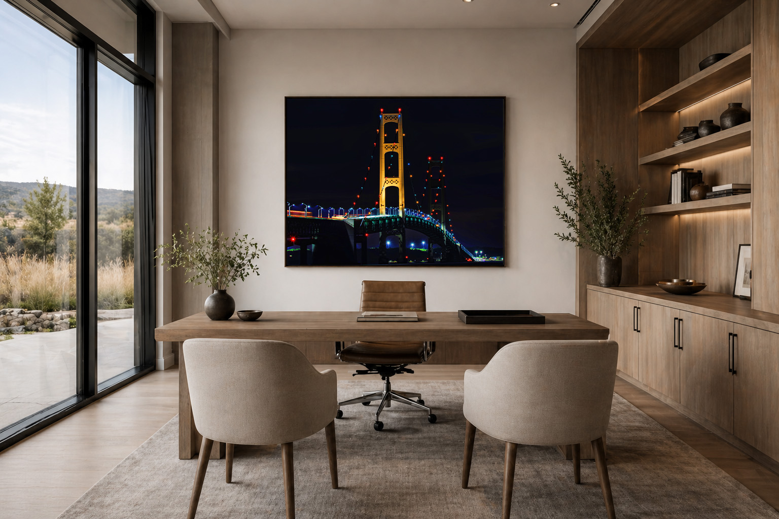 Home office with Michigan bridge at night statement piece by Dan Sproul — black float frame